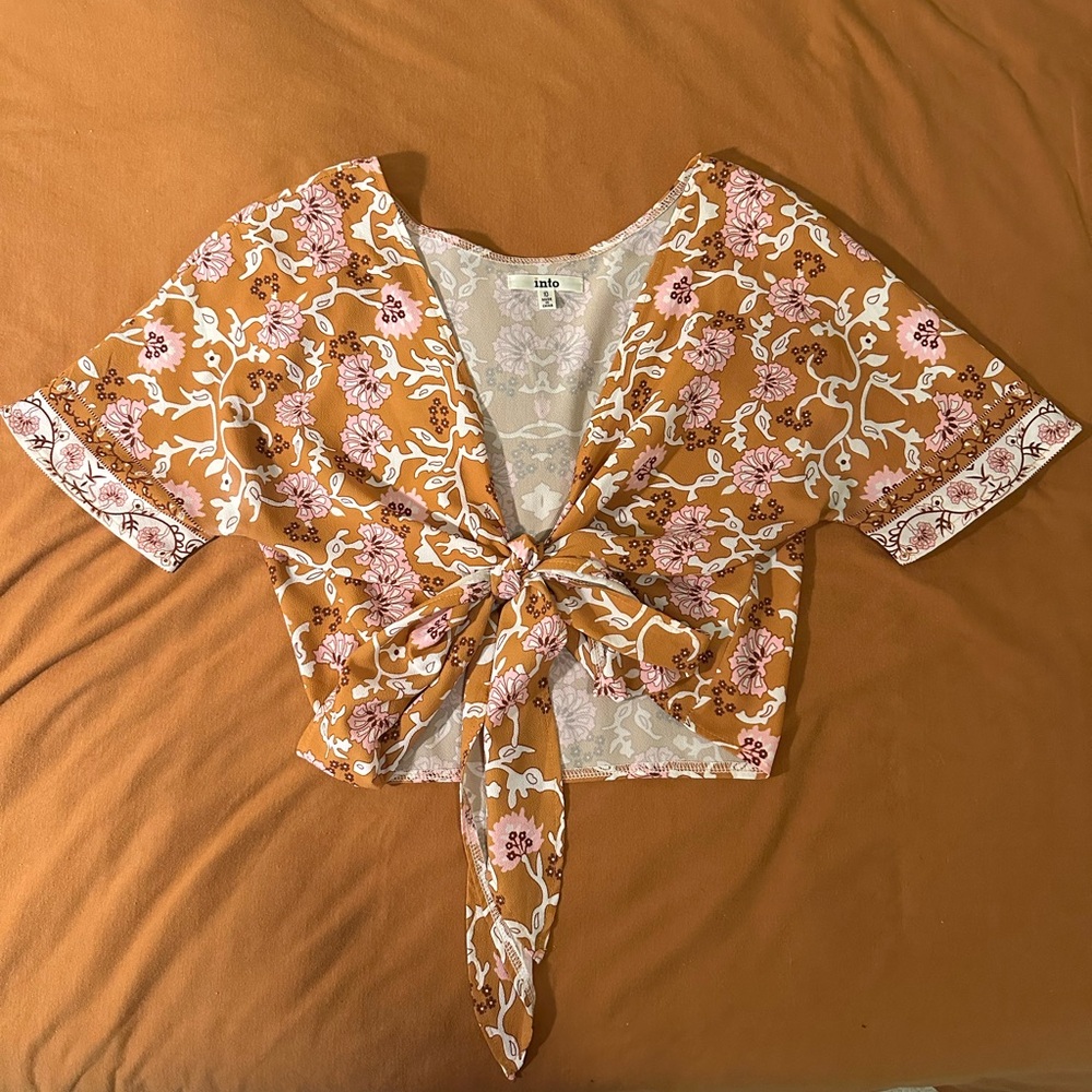 Orange Brown Pink Crop Tie-Front Blouse